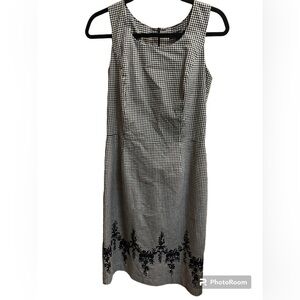 KAREN KANE Sleeveless Check Gingham Floral Black White Midi Lined Dress SZ 4 EUC
